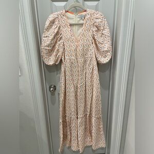 HUNTER BELL Cream and Orange Patterned Long Sleeve Dress